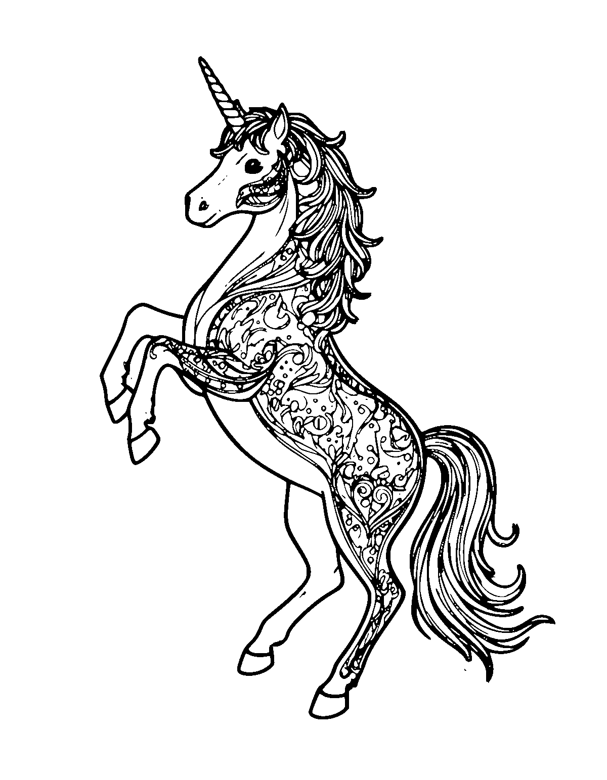 Line-art coloring page of Rearing Up Unicorn, rearing up, medium outlines, centered