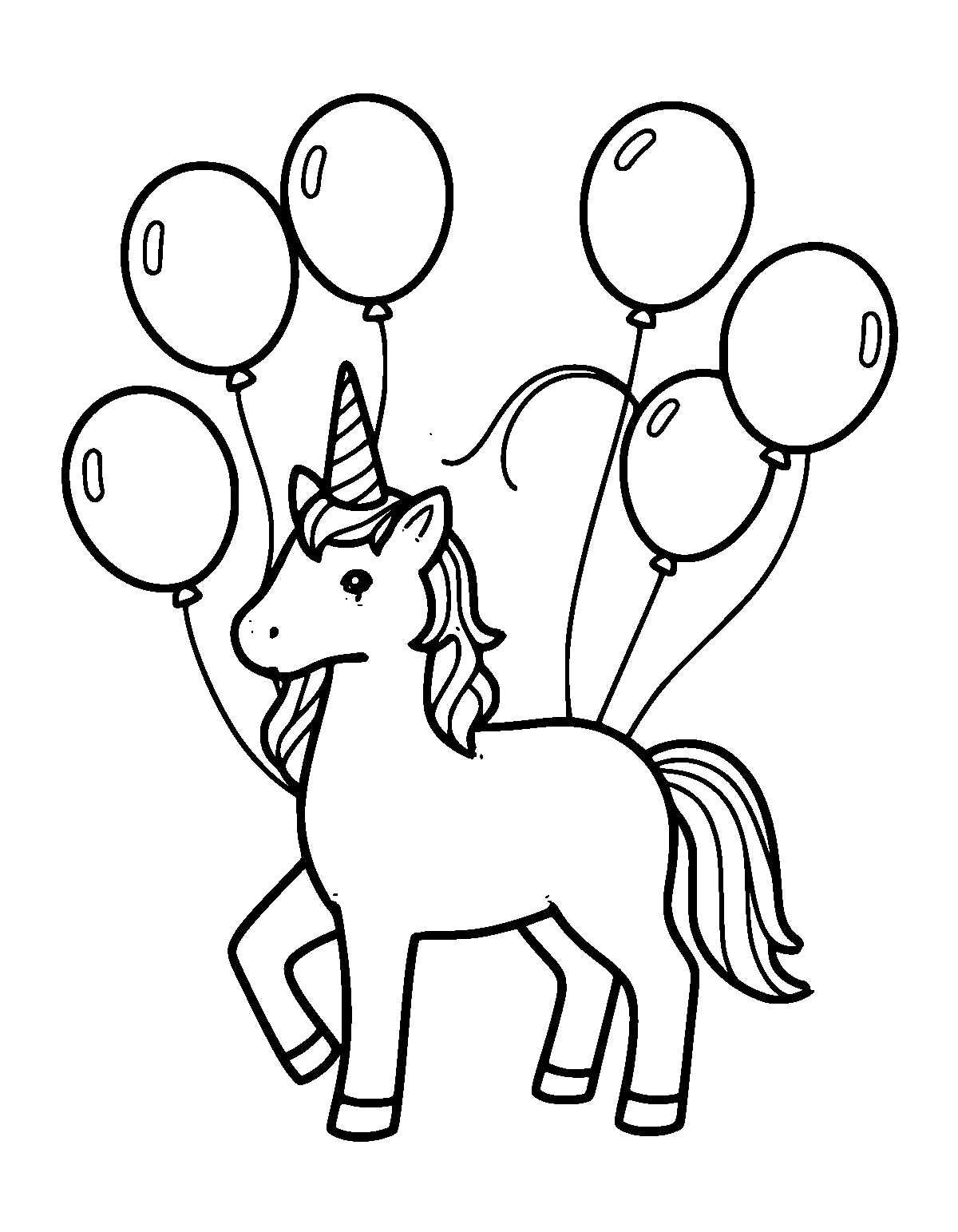 Line-art coloring page of Party Unicorn, party, thick outlines, centered