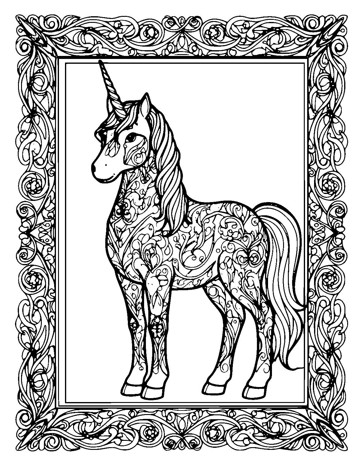 Line-art coloring page of Framed Unicorn, framed, medium outlines, centered