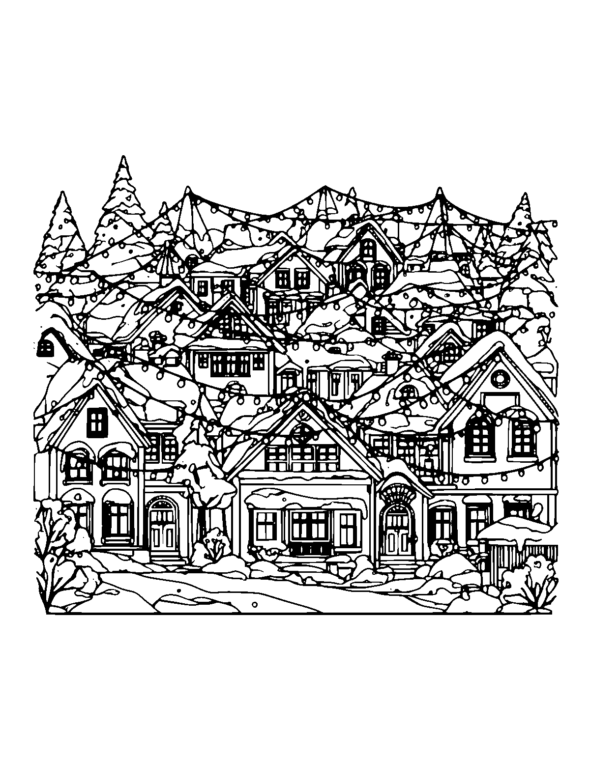 Line-art coloring page of Snowy Village Christmas, snowy village, medium outlines, centered