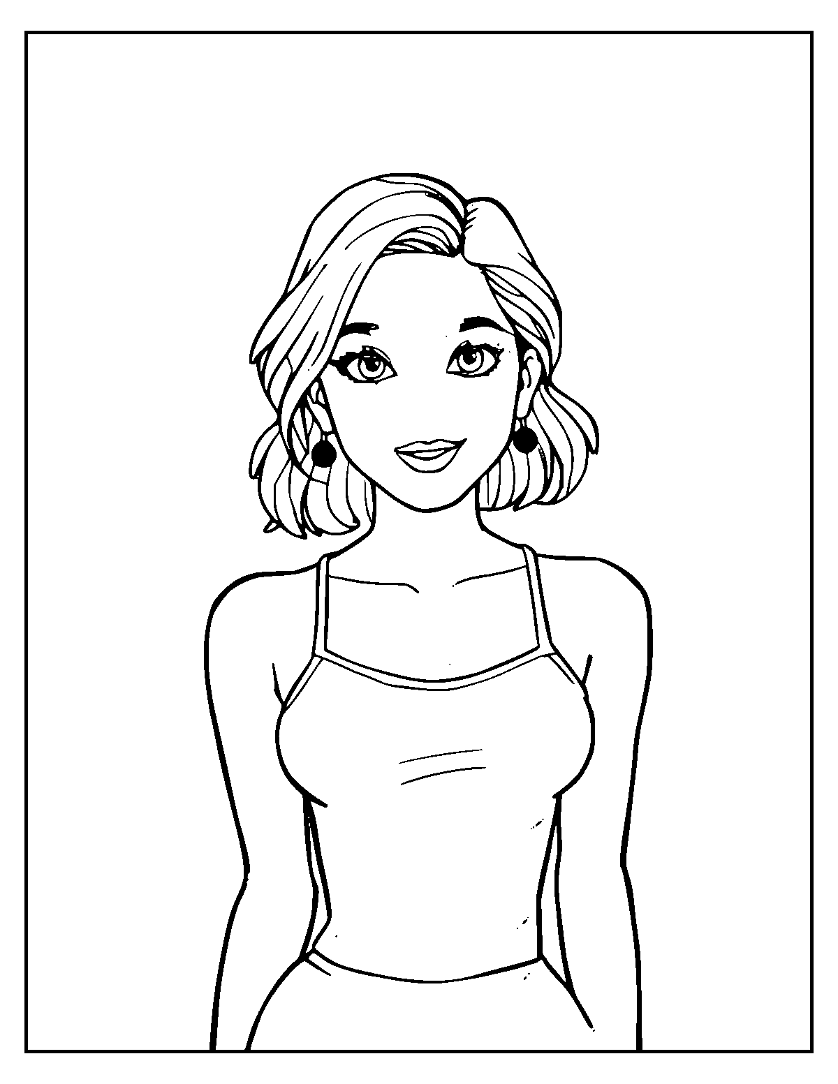 Line-art coloring page of Actress, medium outlines, centered