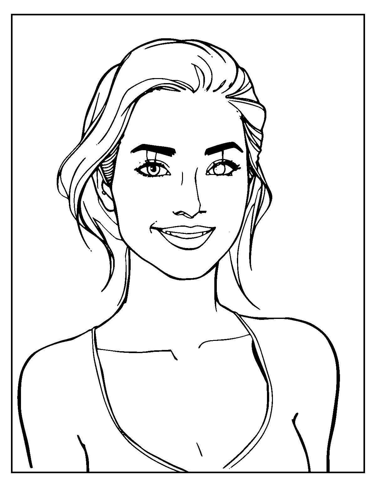 Line-art coloring page of Actress, medium outlines, centered
