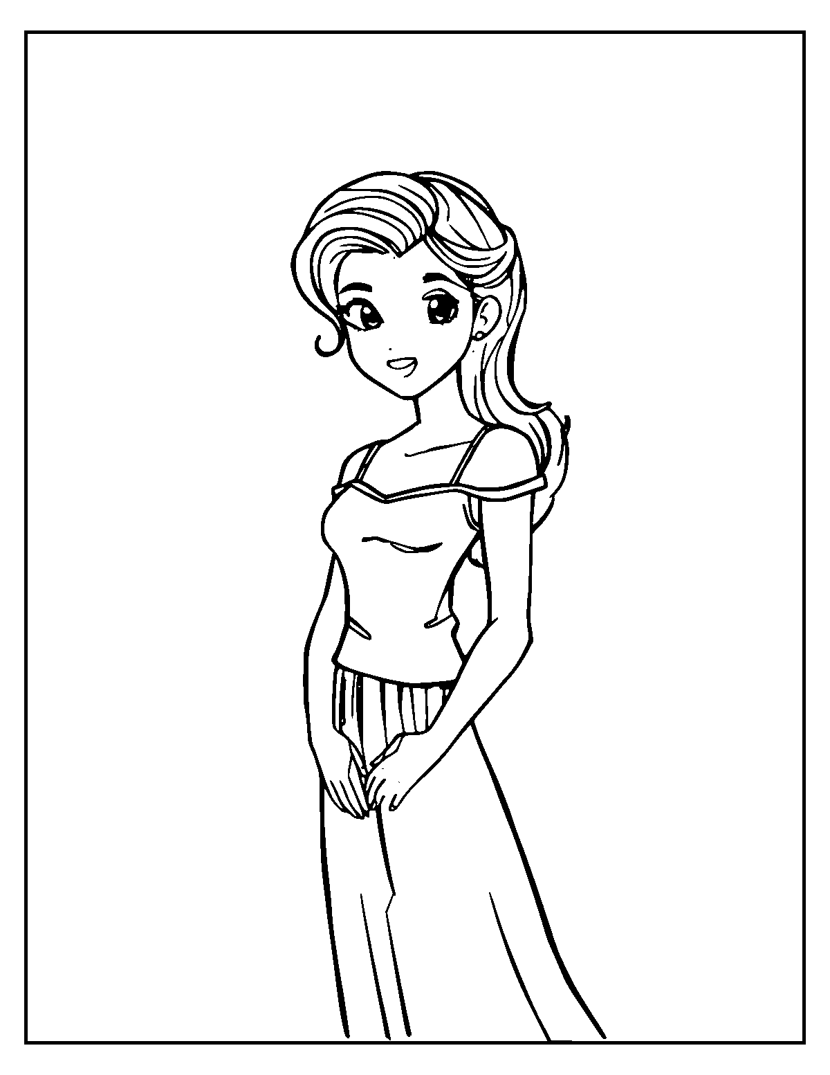 Line-art coloring page of Actress, medium outlines, centered