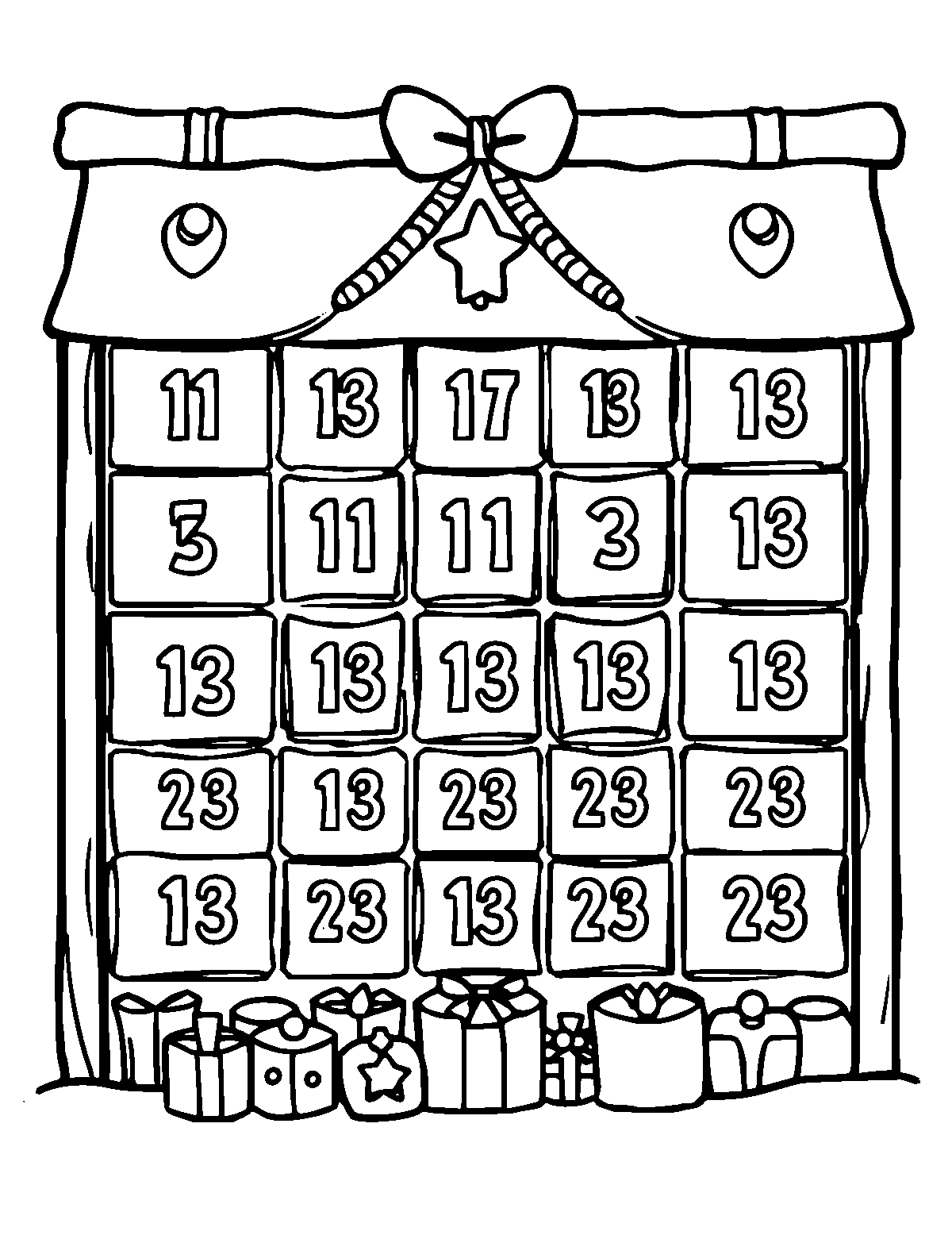 Line-art coloring page of Advent Calendar, medium outlines, centered