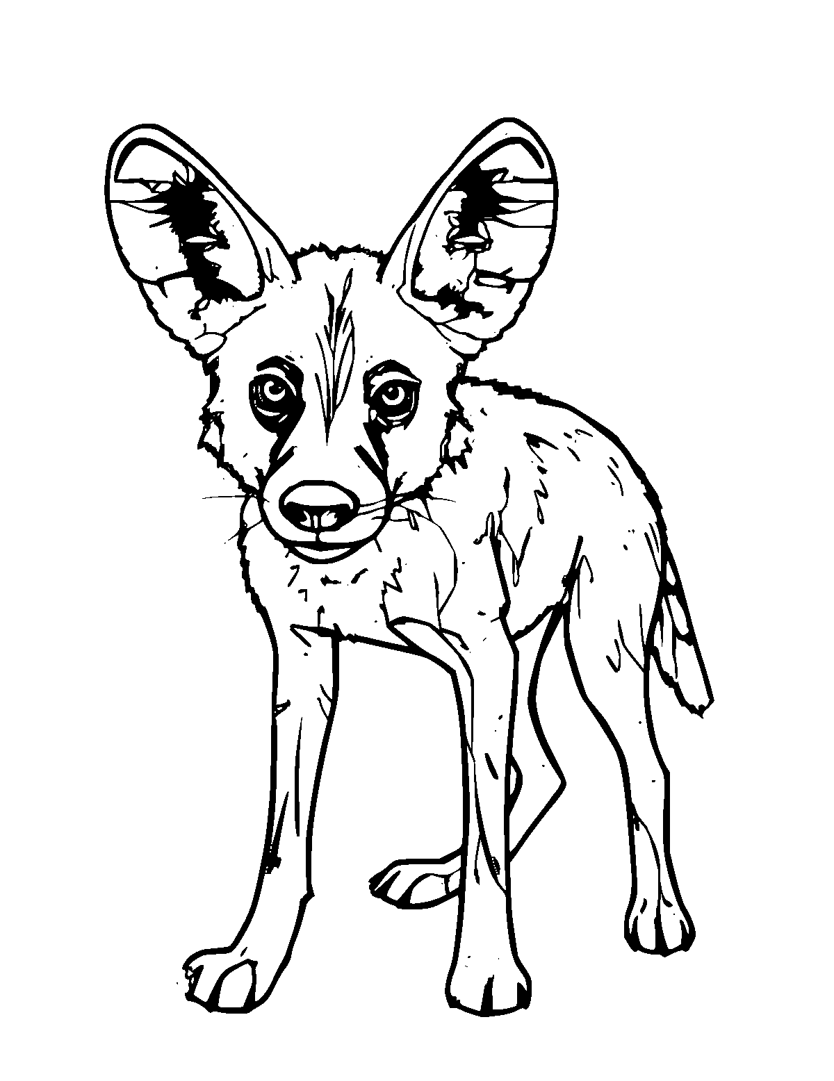 Line-art coloring page of African Wild Dog, medium outlines, centered