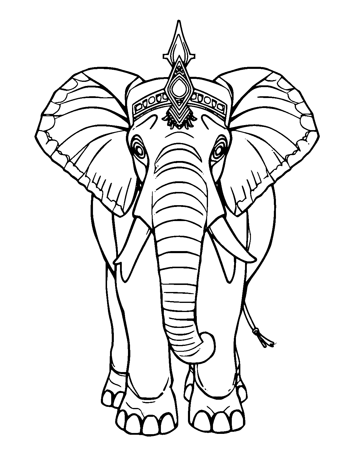 Line-art coloring page of Airavata the White Elephant, medium outlines, centered