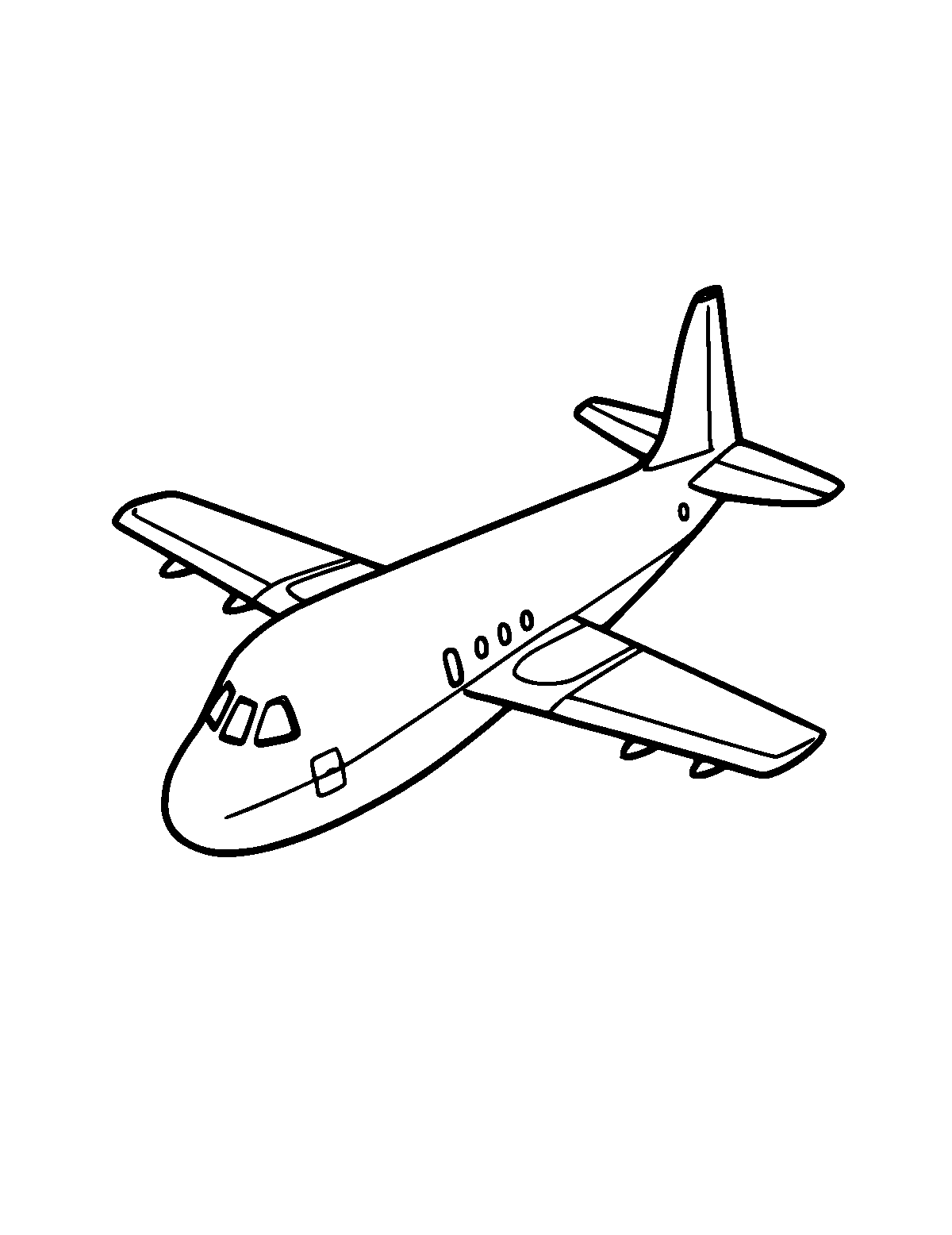 Line-art coloring page of Airplane, medium outlines, centered