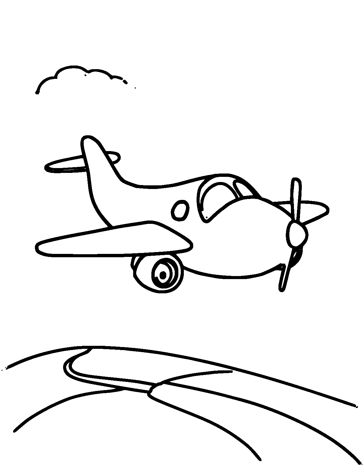 Line-art coloring page of Airplane, thick outlines, centered