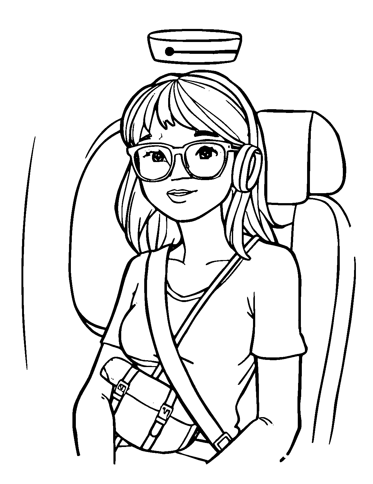 Line-art coloring page of Airplane Passenger, medium outlines, centered