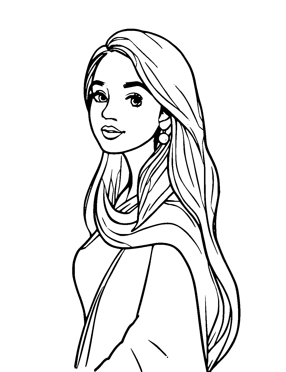 Line-art coloring page of Aishwarya Rai, medium outlines, centered