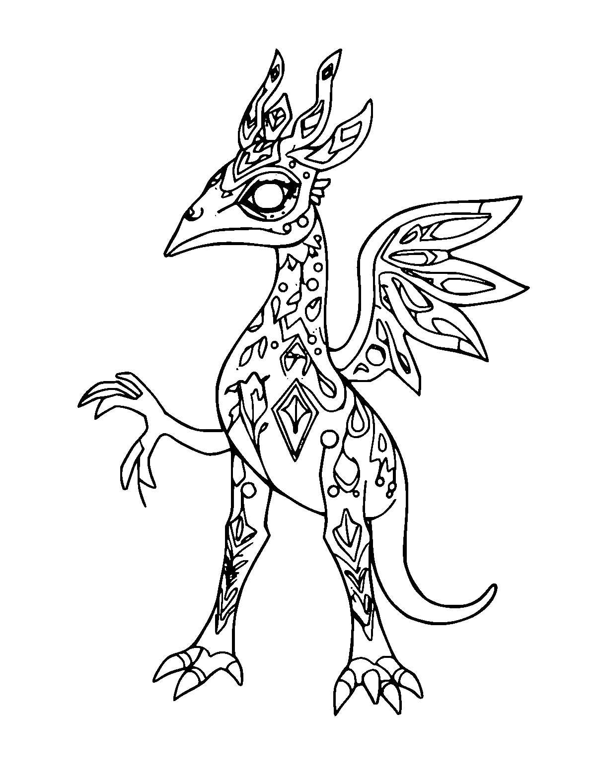 Line-art coloring page of Alebrije Spirit Creature, medium outlines, centered