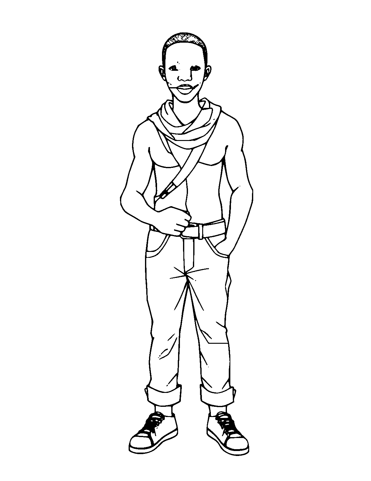 Line-art coloring page of Ali Farka Toure, medium outlines, centered