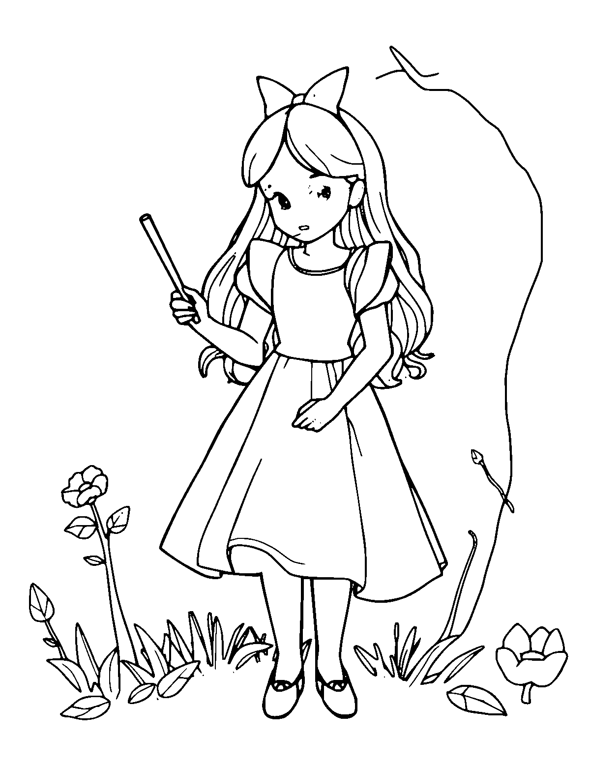 Line-art coloring page of Alice in Wonderland, medium outlines, centered