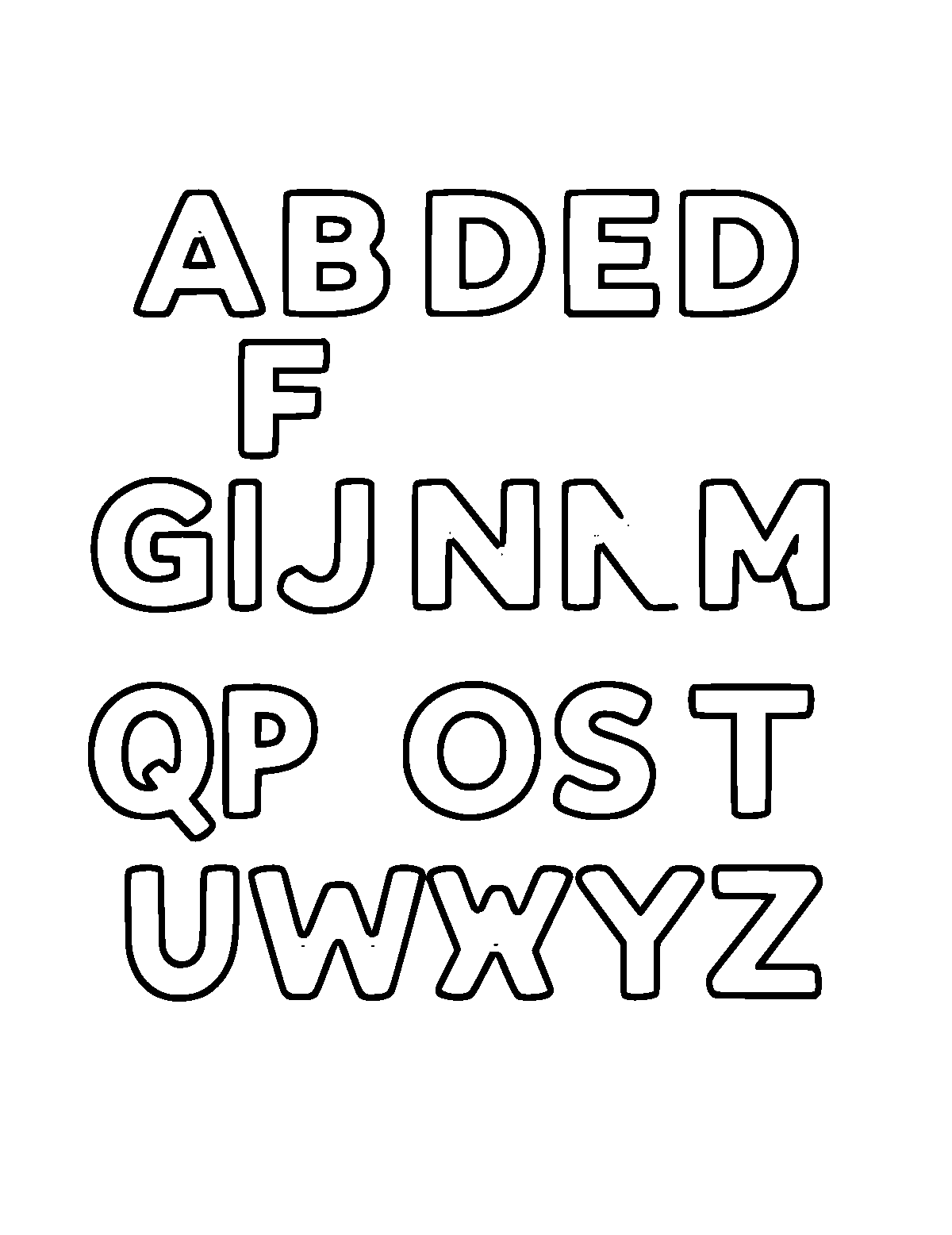 Line-art coloring page of Alphabet, medium outlines, centered