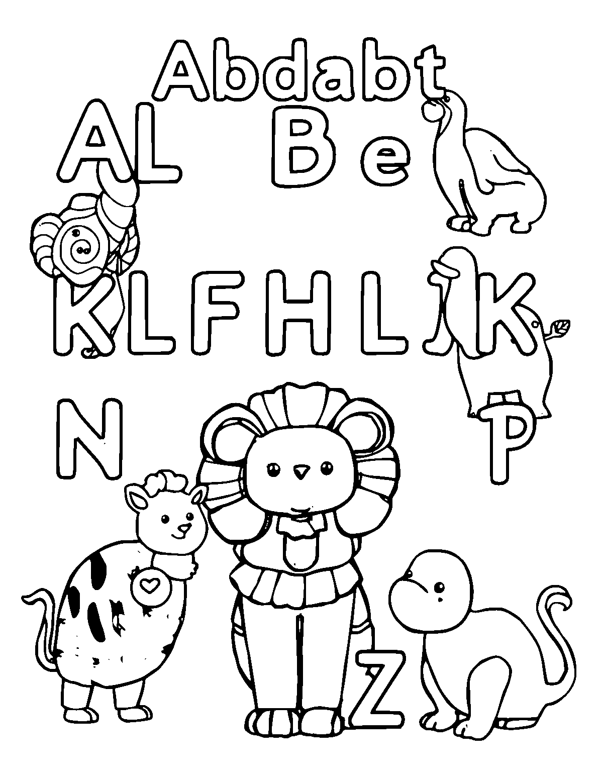 Line-art coloring page of Alphabet Animals, medium outlines, centered