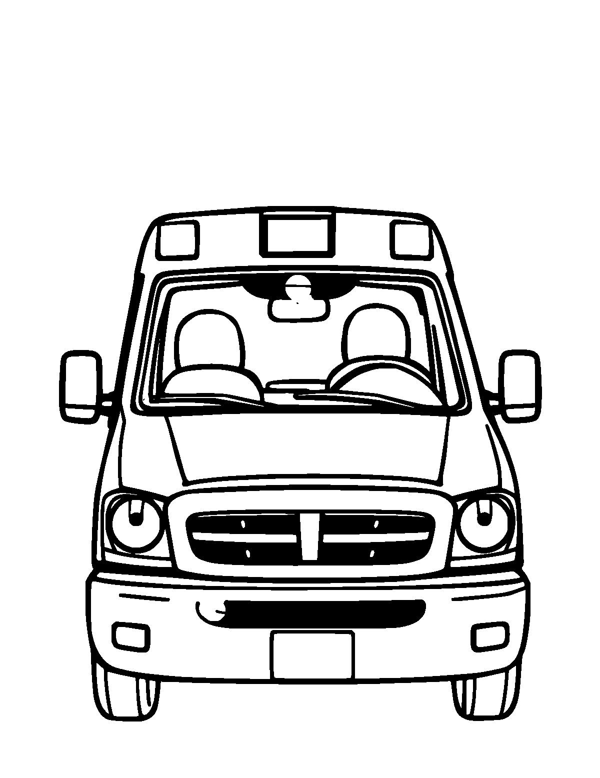 Line-art coloring page of Ambulance, thick outlines, centered