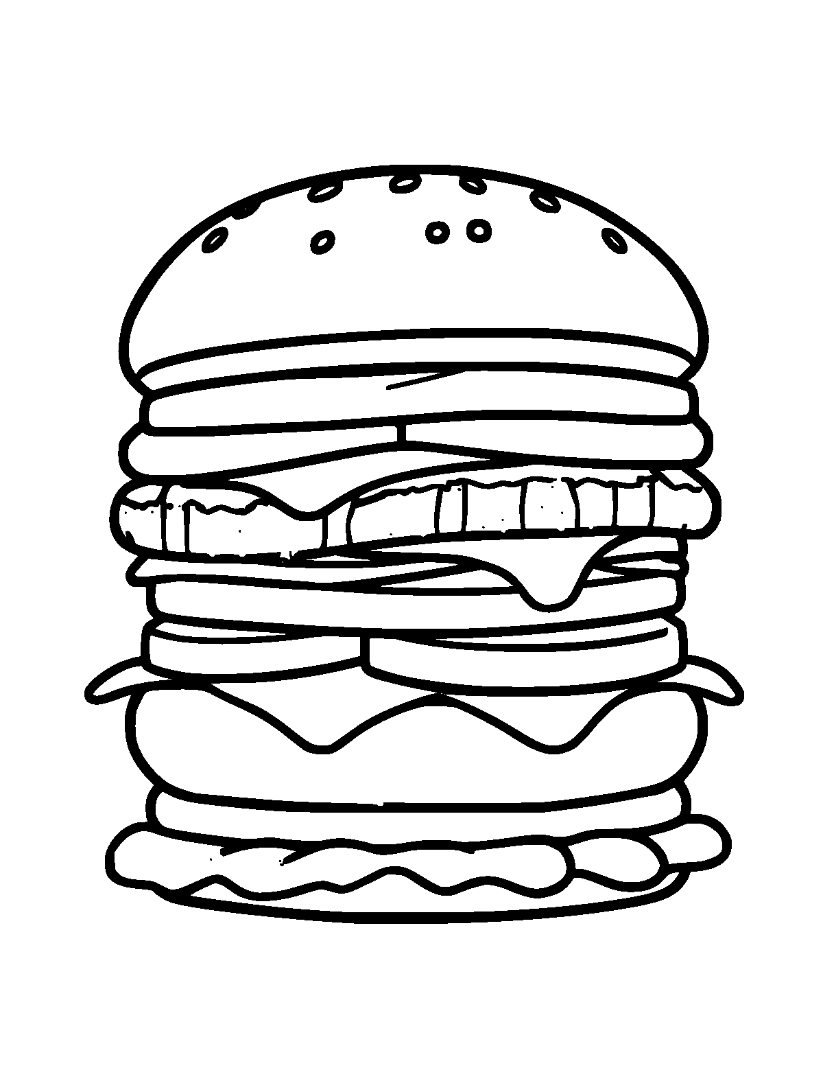 Line-art coloring page of American Hamburger, thick outlines, centered