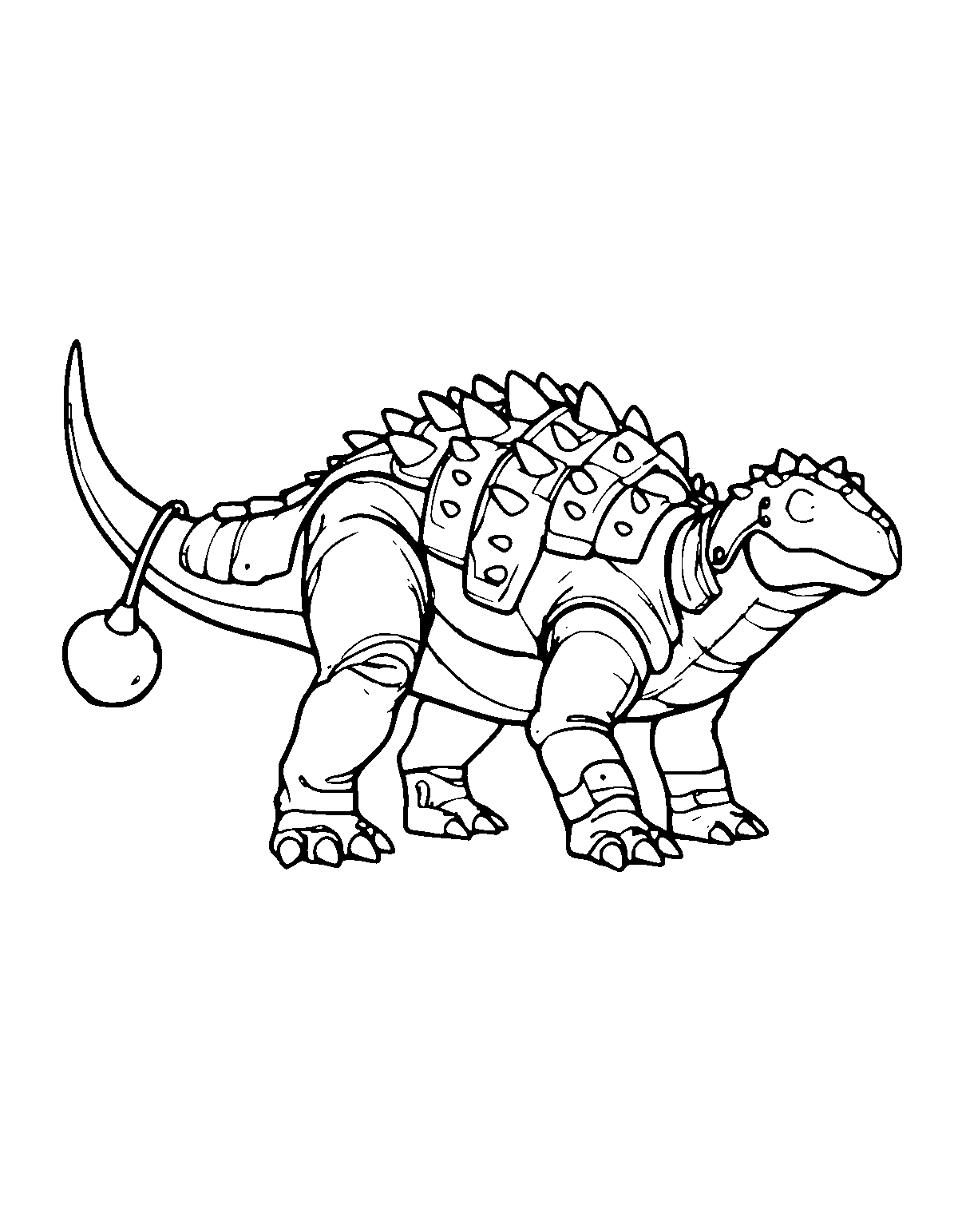 Line-art coloring page of Armored Club Tail Dinosaur, armoured club tail, medium outlines, centered