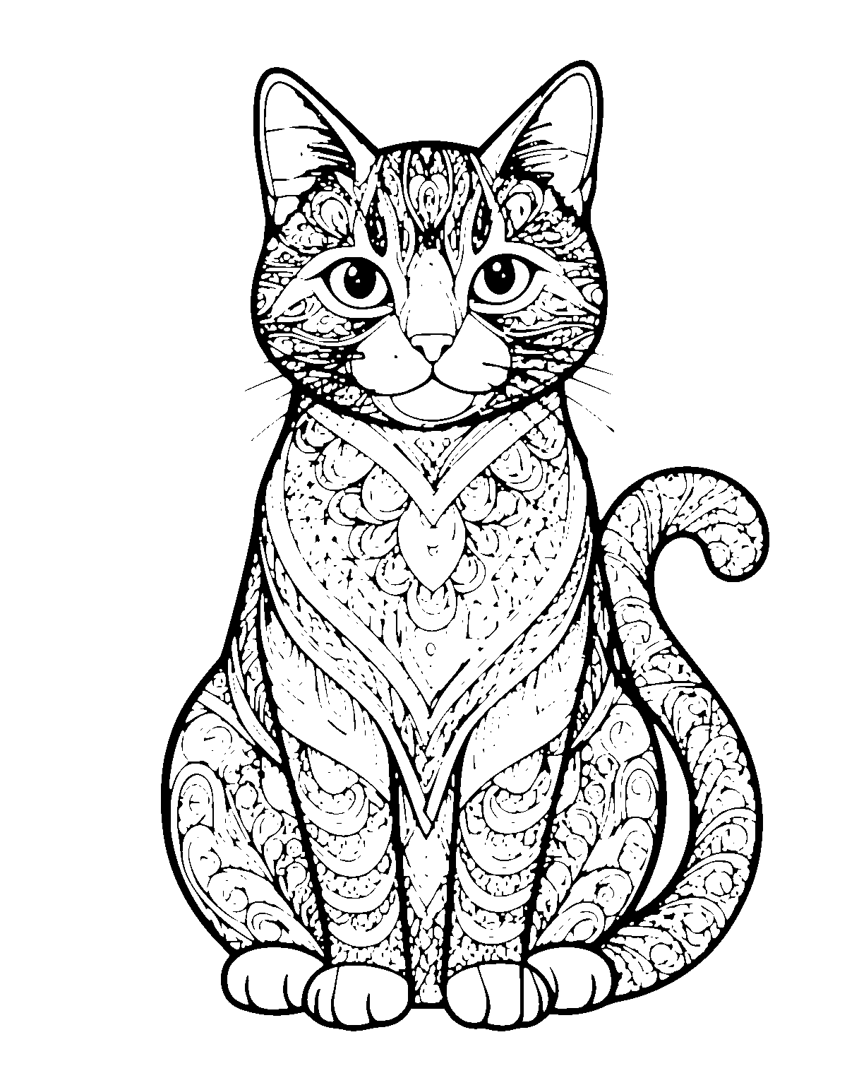 Line-art coloring page of Zentangle Cat, zentangle, medium outlines, centered