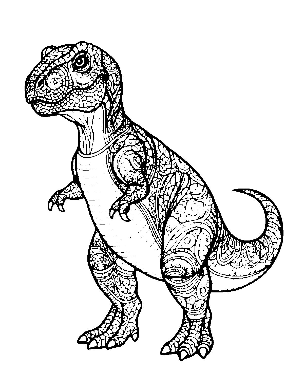 Line-art coloring page of Zentangle Dinosaur, zentangle, medium outlines, centered