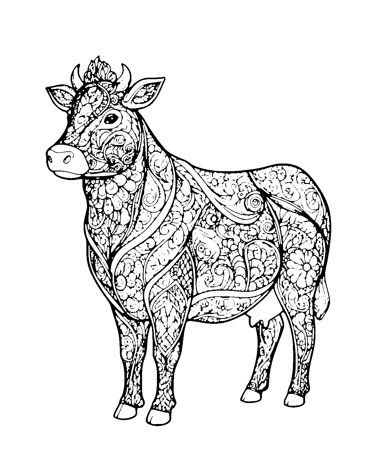 Line-art coloring page of Zentangle Farm Animals, zentangle, fine outlines, centered