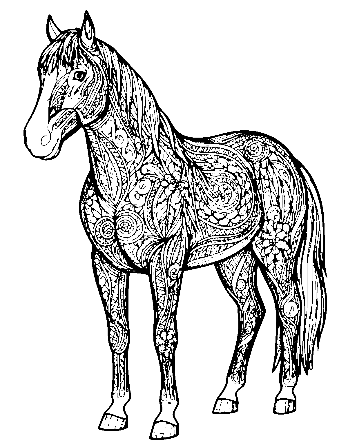 Line-art coloring page of Zentangle Horse, zentangle, medium outlines, centered