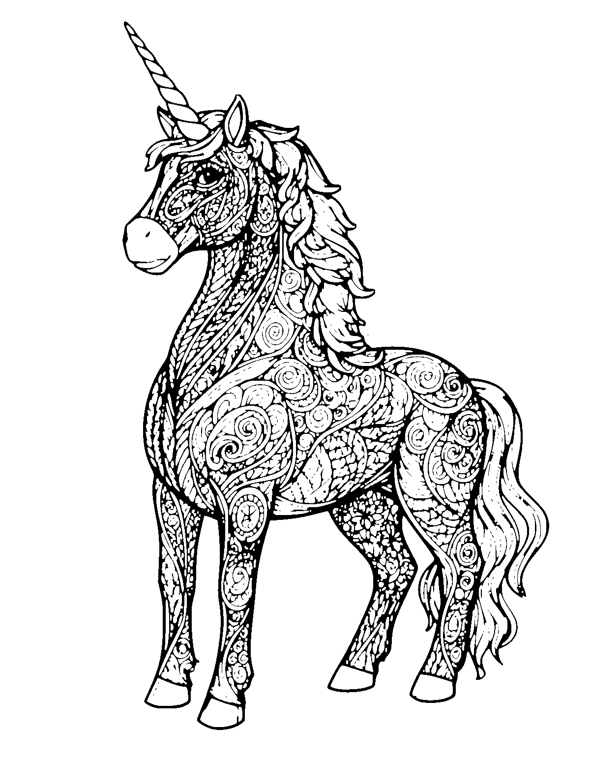 Line-art coloring page of Zentangle Unicorn, zentangle, medium outlines, centered