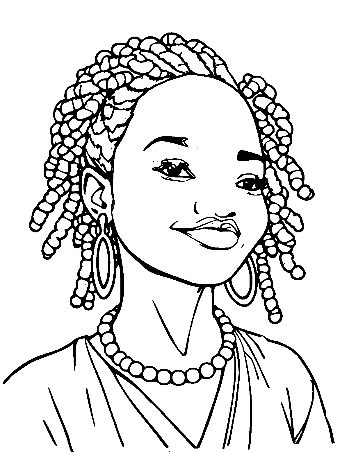 Line-art coloring page of Angelique Kidjo, medium outlines, centered