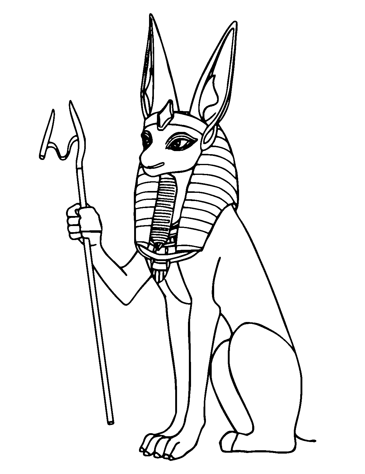 Line-art coloring page of Anubis, medium outlines, centered