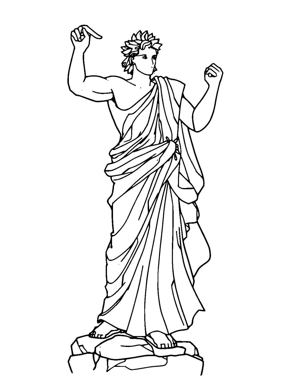 Line-art coloring page of Apollo, medium outlines, centered