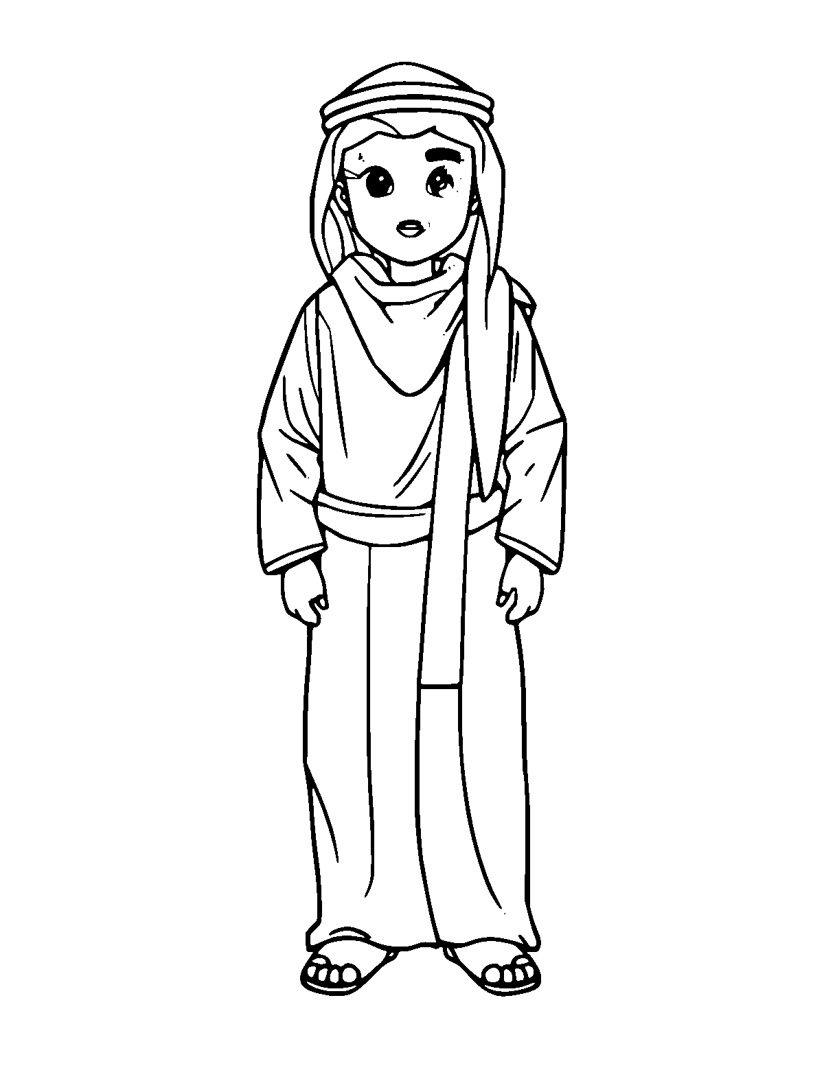 Line-art coloring page of Arabian Thobe, medium outlines, centered