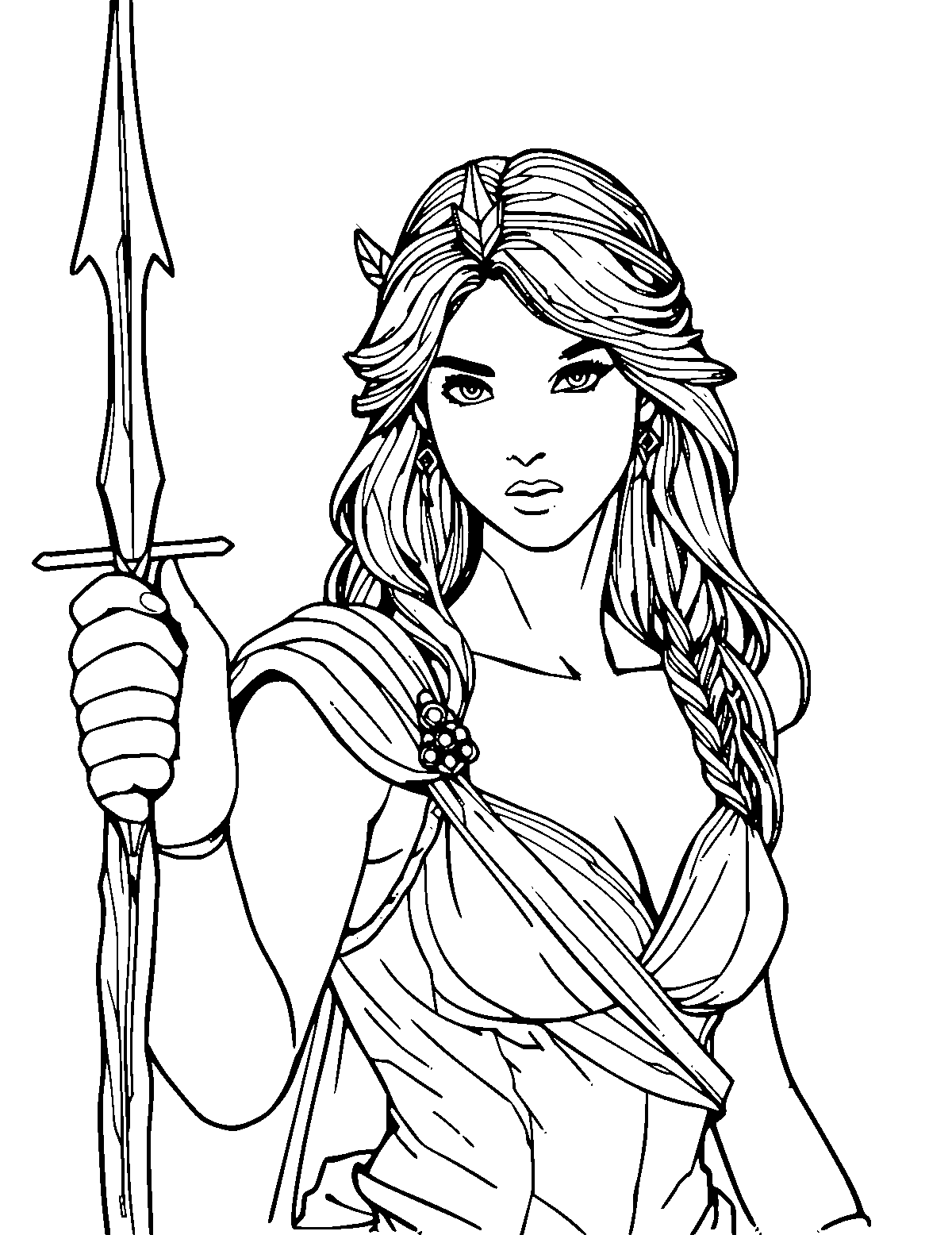Line-art coloring page of Artemis the Huntress, medium outlines, centered