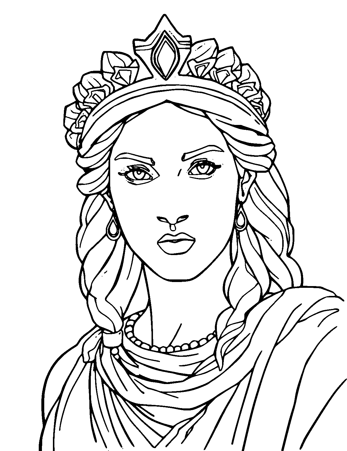 Line-art coloring page of Athena, medium outlines, centered