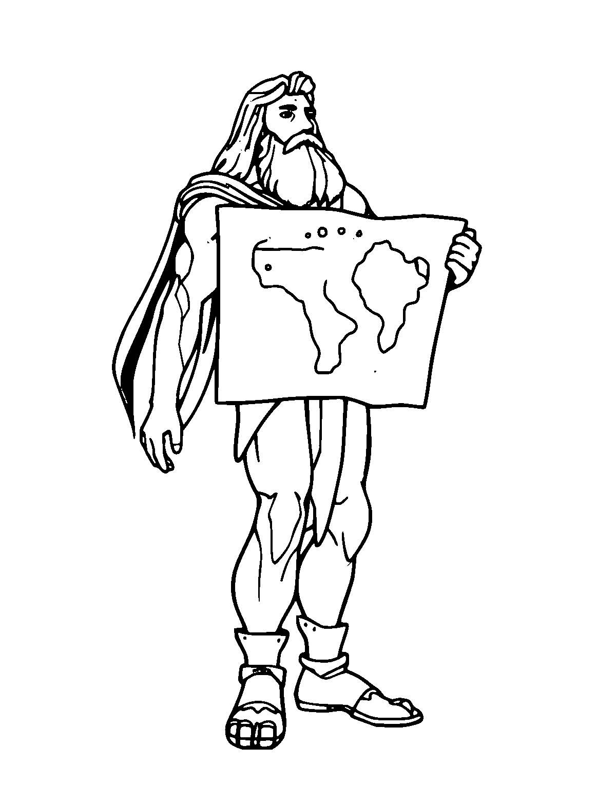 Line-art coloring page of Atlas Holding the Sky, medium outlines, centered