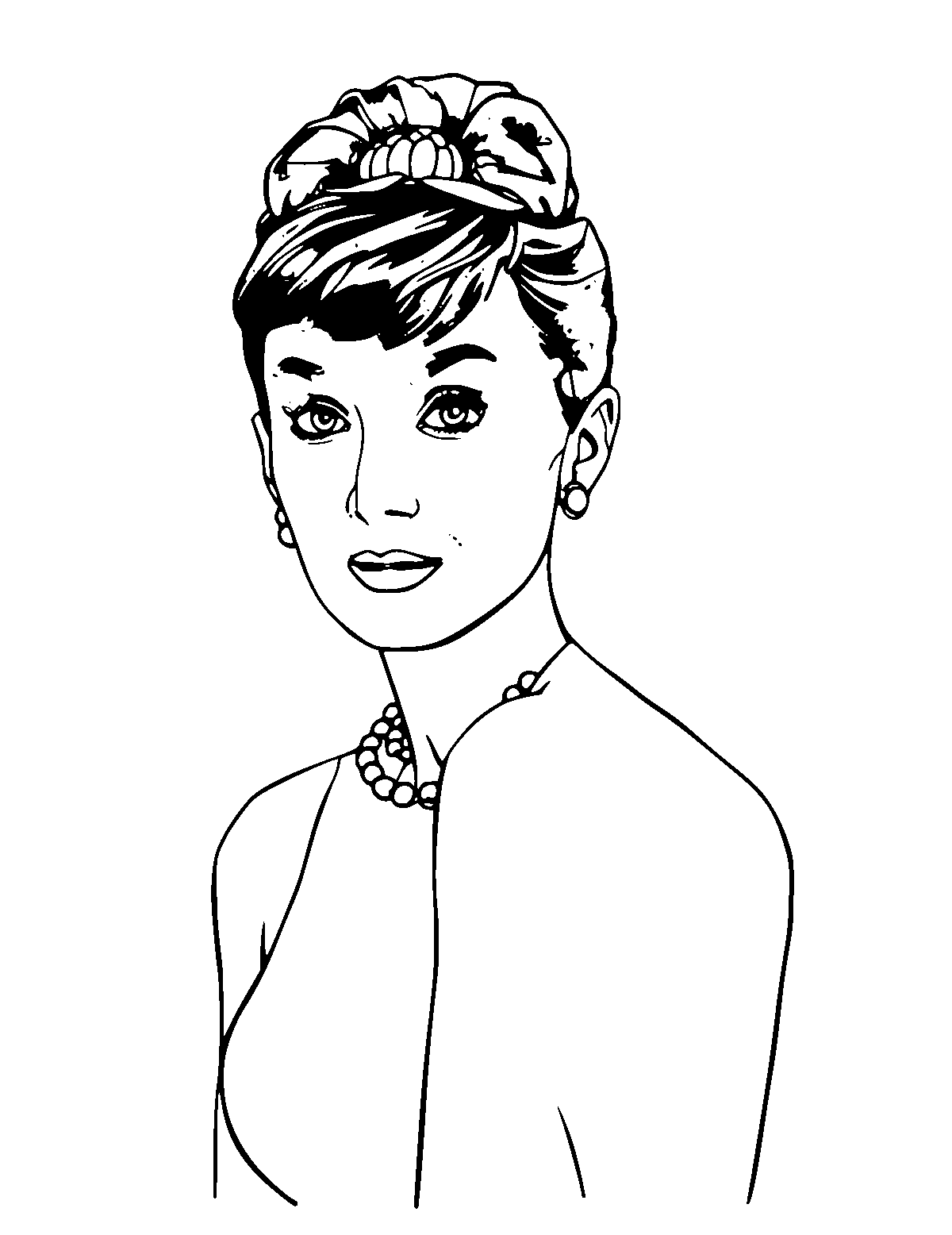 Line-art coloring page of Audrey Hepburn, medium outlines, centered
