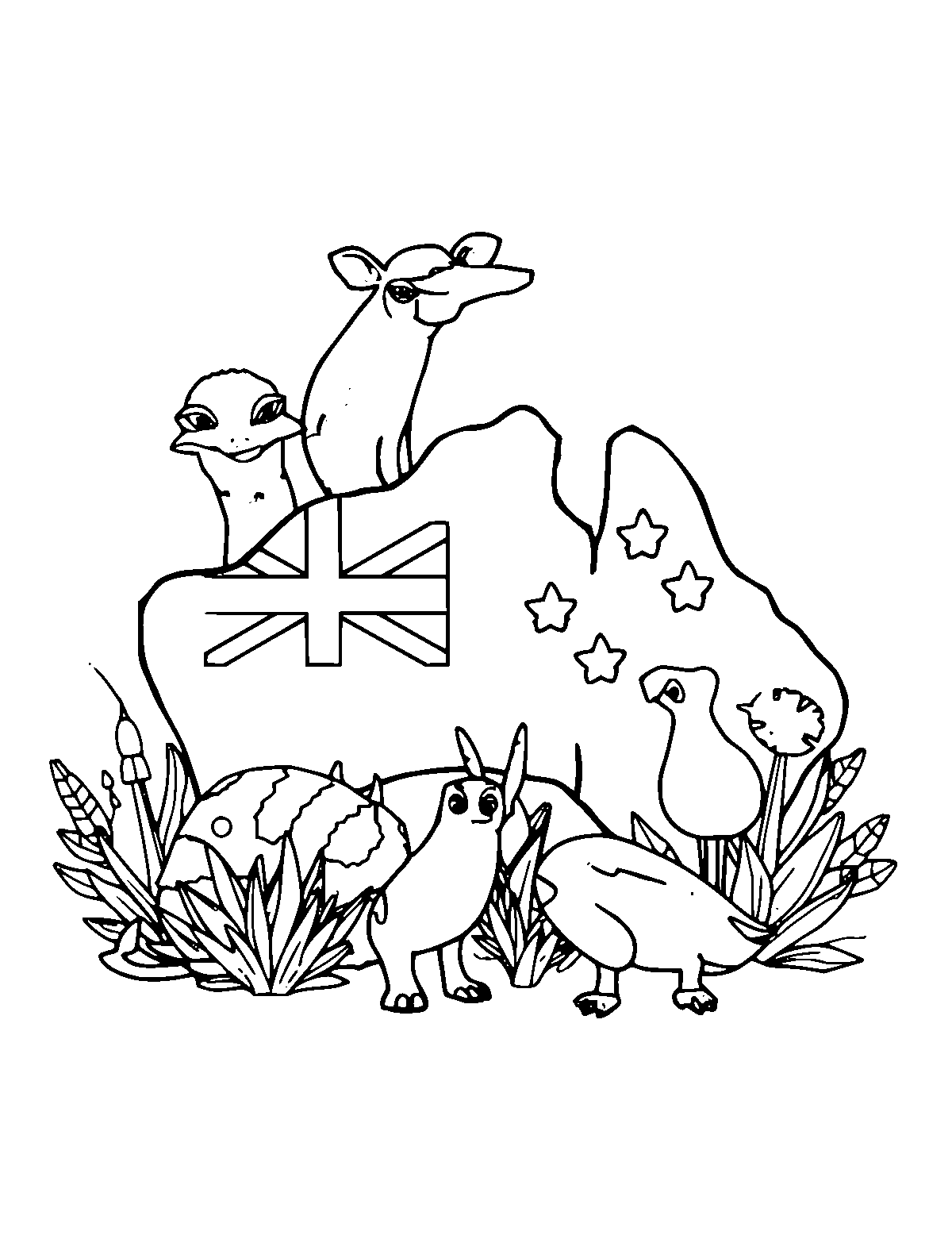 Line-art coloring page of Australian Animals, medium outlines, centered