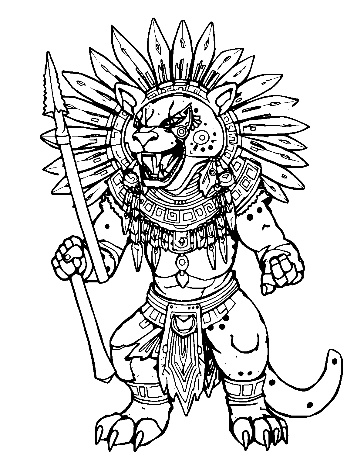 Line-art coloring page of Aztec Jaguar Warrior, medium outlines, centered