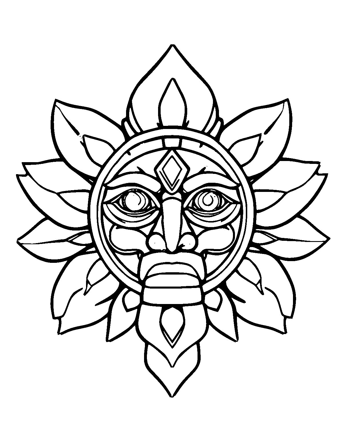 Line-art coloring page of Aztec Sun Stone Face, medium outlines, centered
