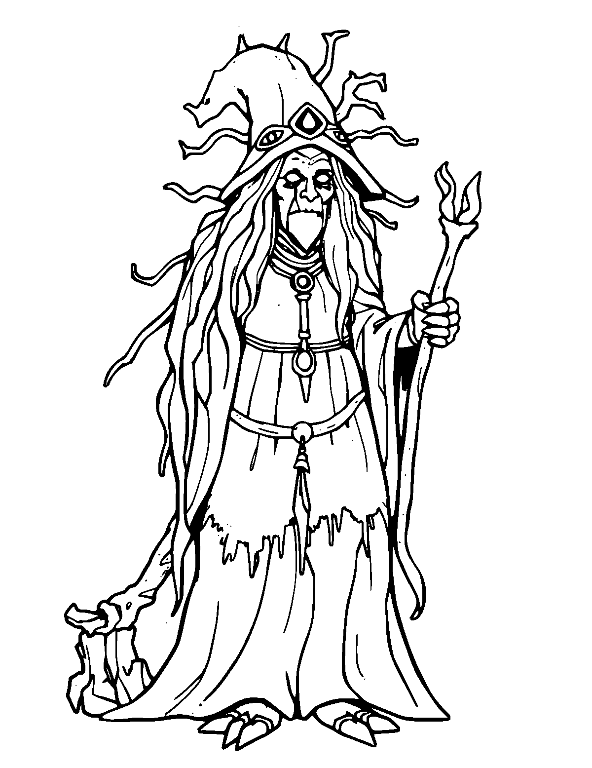 Line-art coloring page of Baba Yaga, medium outlines, centered