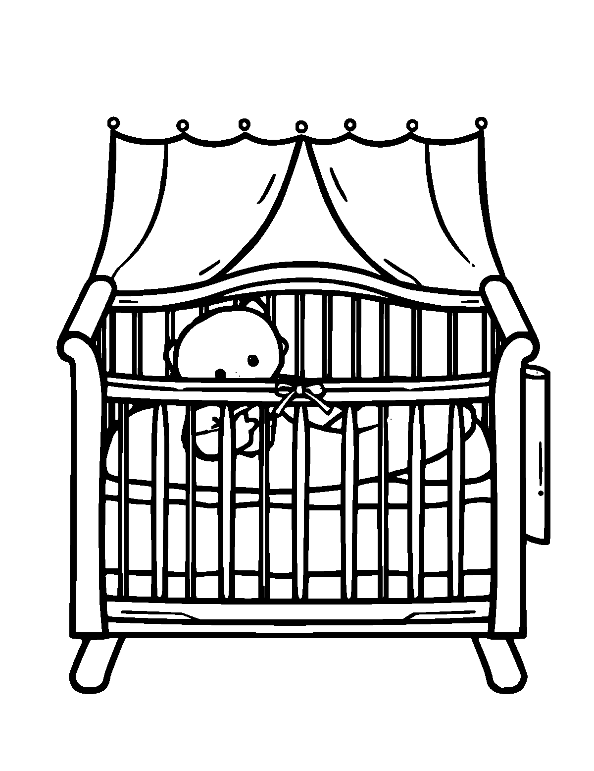 Line-art coloring page of Baby Crib, thick outlines, centered