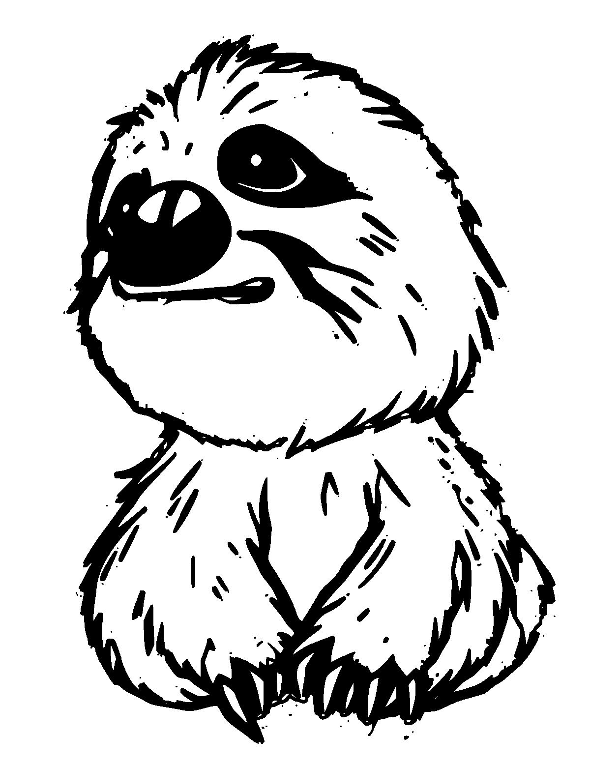 Line-art coloring page of Baby Sloth, thick outlines, centered