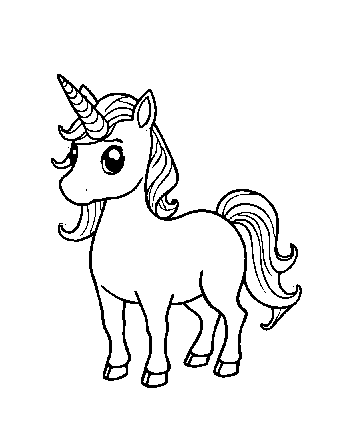 Line-art coloring page of Baby Unicorn, medium outlines, centered