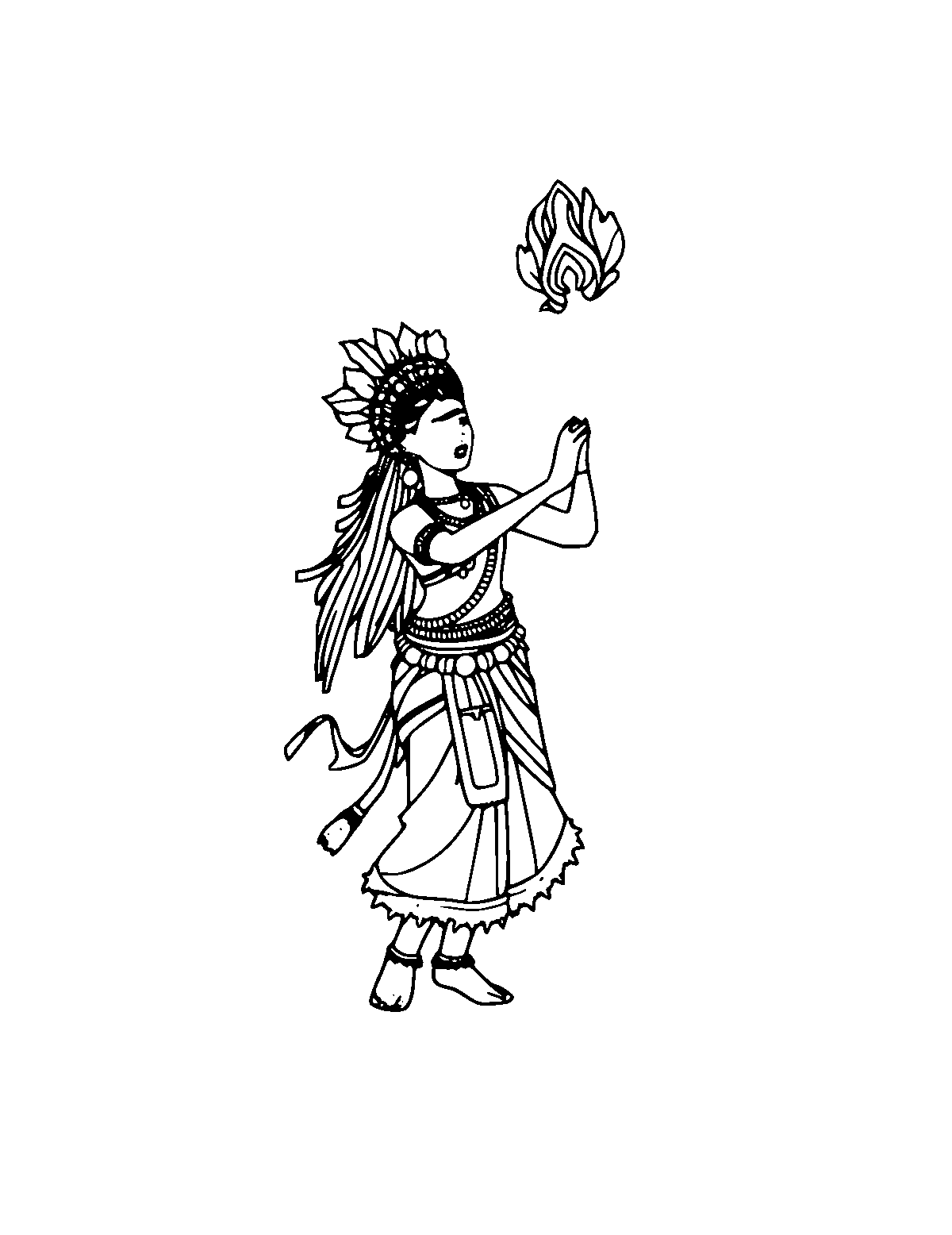 Line-art coloring page of Balinese Legong Dance, medium outlines, centered
