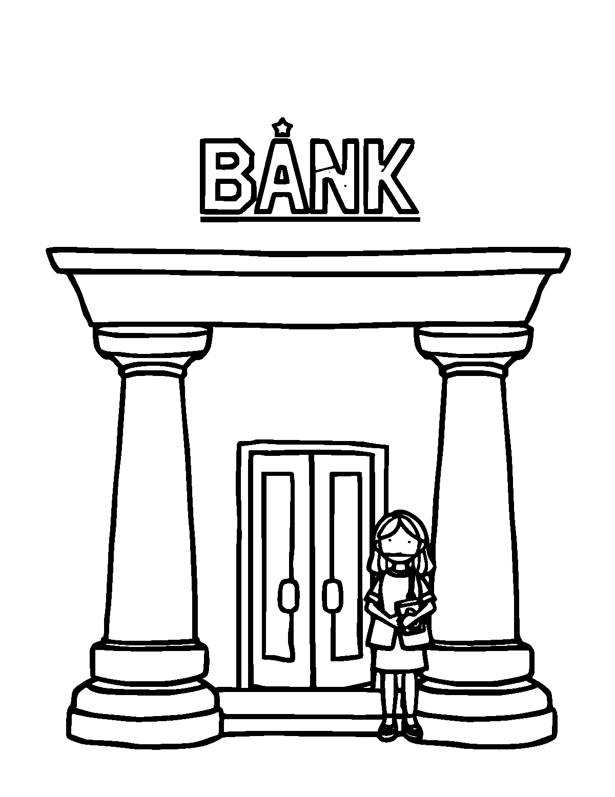 Line-art coloring page of Bank Building, thick outlines, centered