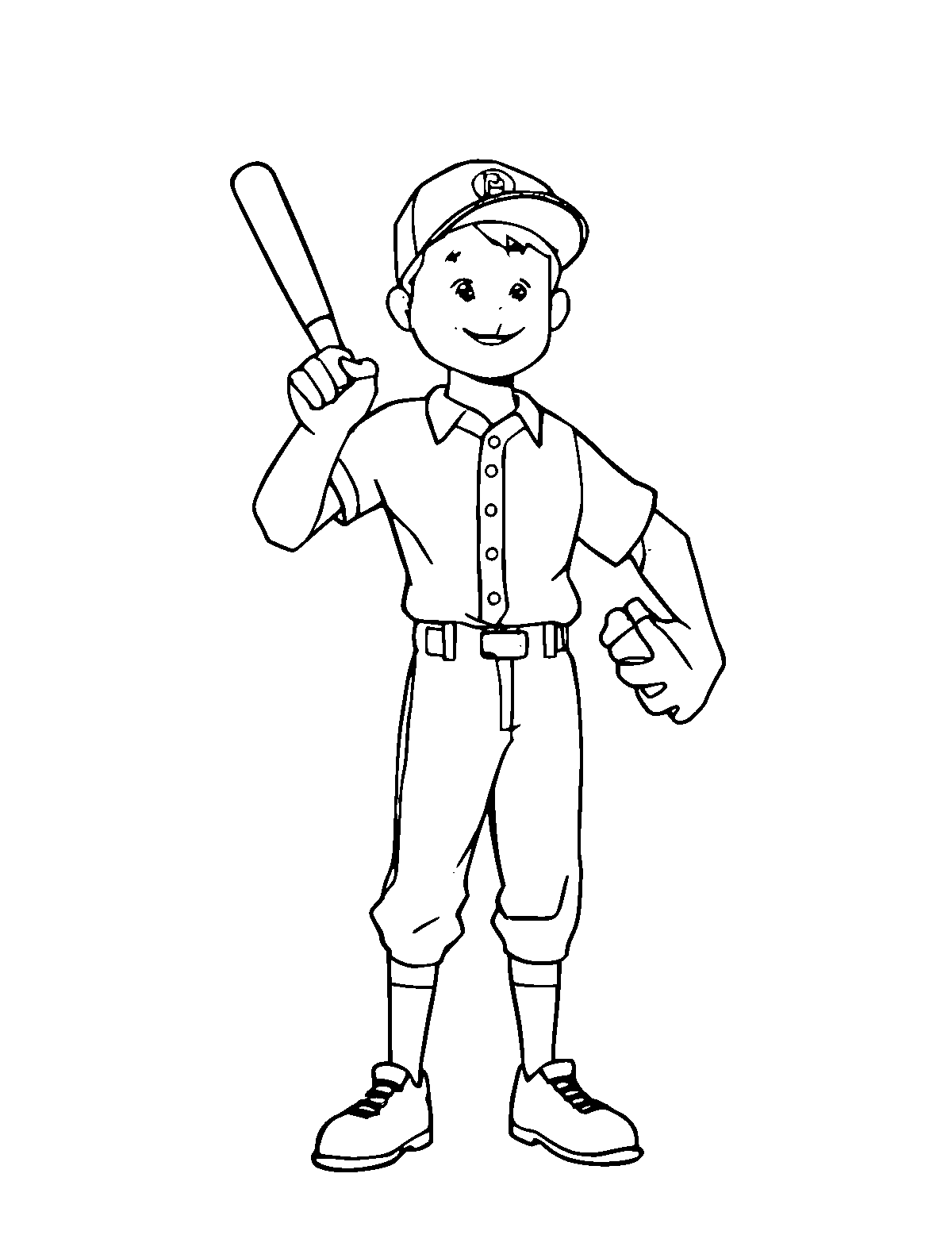 Line-art coloring page of Baseball Player, medium outlines, centered