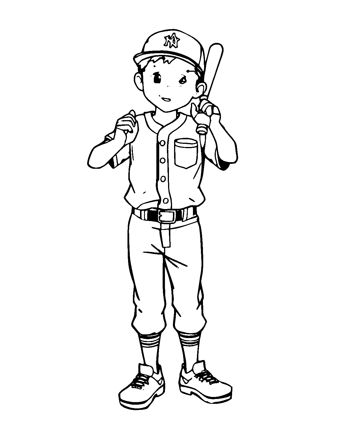 Line-art coloring page of Baseball Player, medium outlines, centered