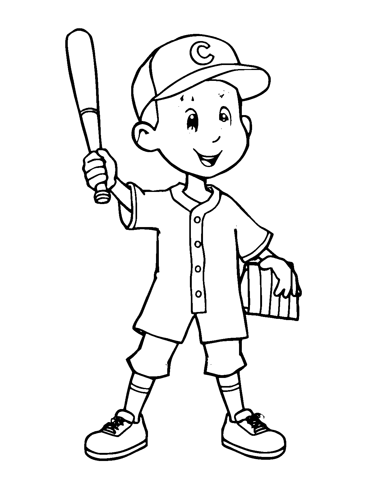 Line-art coloring page of Baseball Player, medium outlines, centered