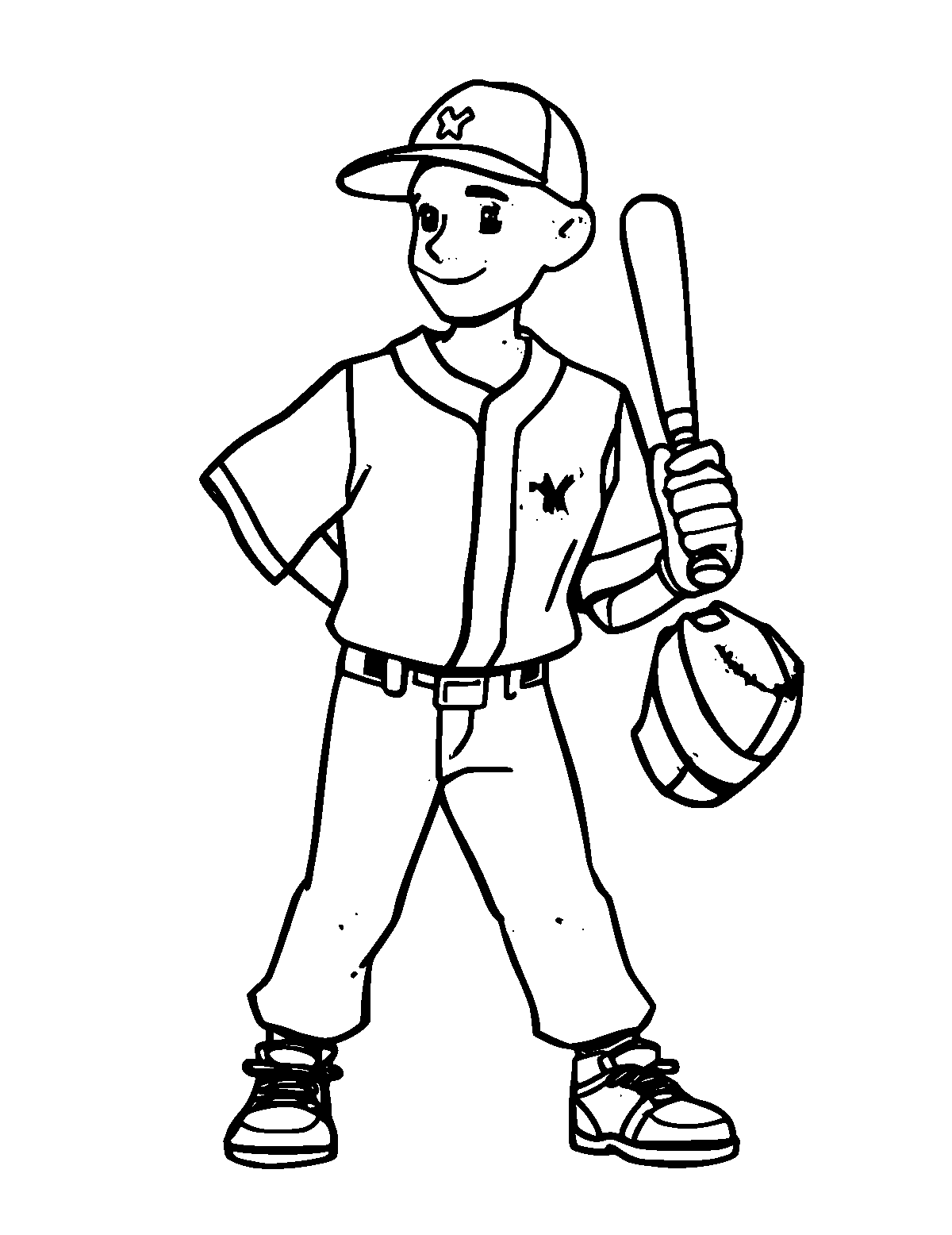 Line-art coloring page of Baseball Player, medium outlines, centered