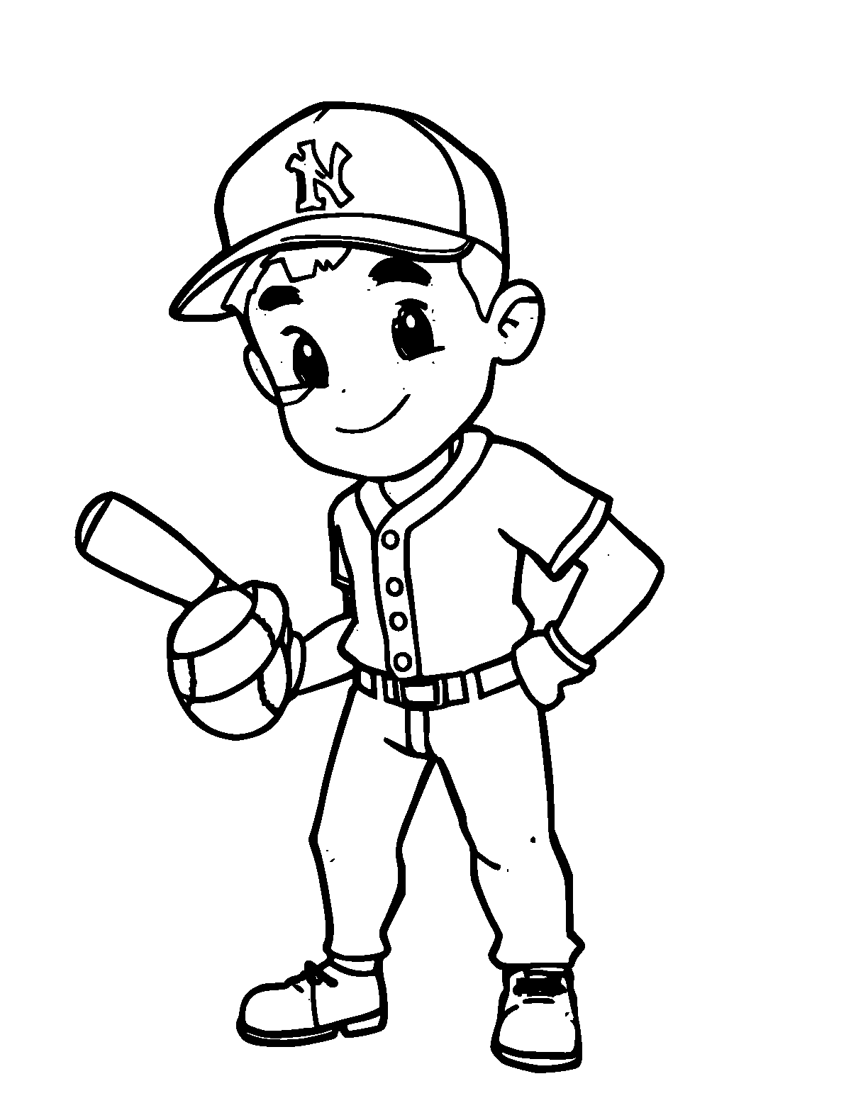 Line-art coloring page of Baseball Player, thick outlines, centered