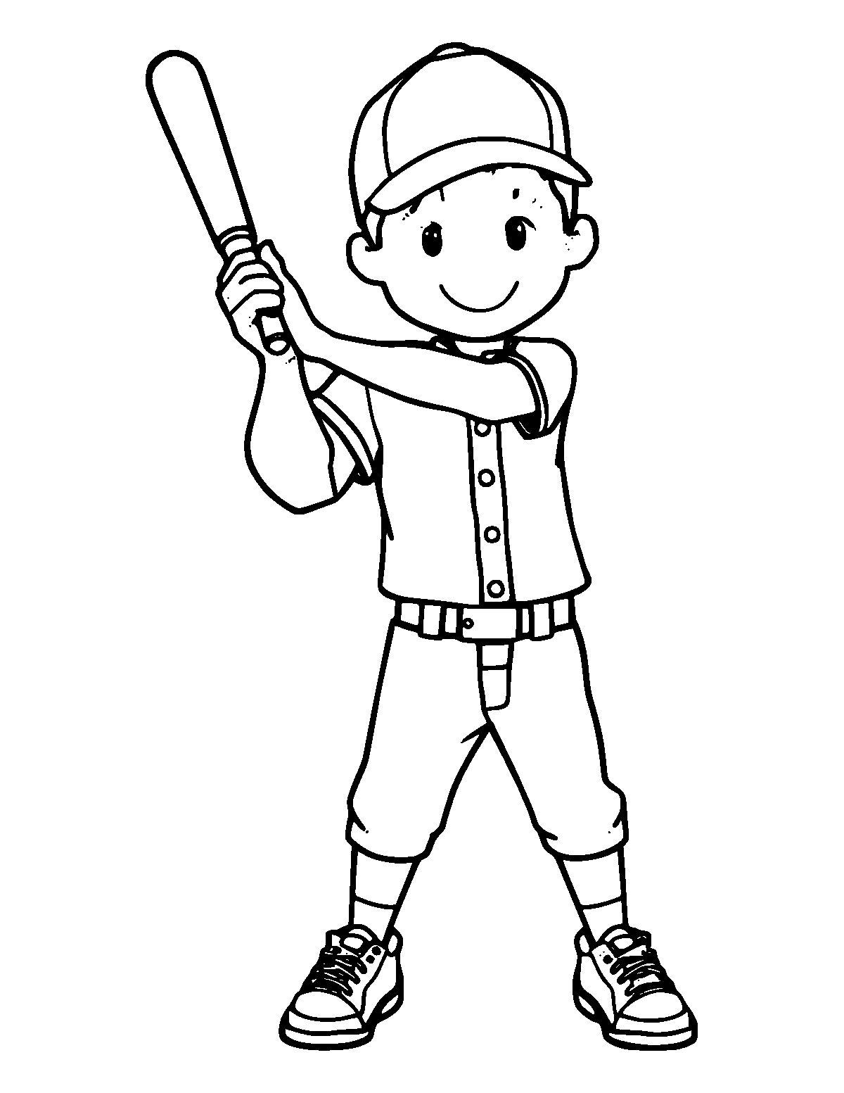 Line-art coloring page of Baseball Player, medium outlines, centered